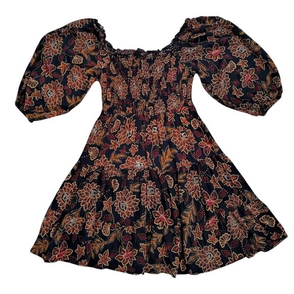 Angie Womens Floral Puff Sleeve Smocked Dress S Navy/Multicolor Rayon, NWT. - Picture 1 of 7